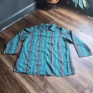 JH Collectibles Woman Teal Purple Striped Button Front Blouse 1X 3/4 Sleeve Boho